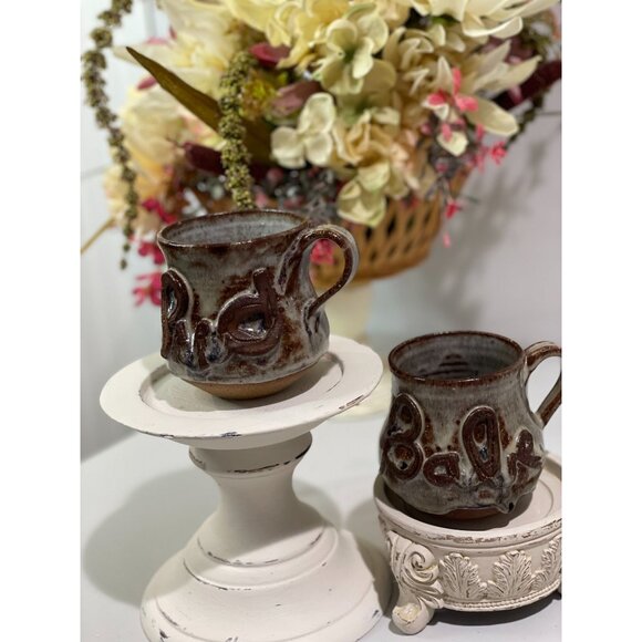 Handcrafted Brown & Cream Glazed Ceramic Mug With Raised Text Set 2 - Picture 2 of 13